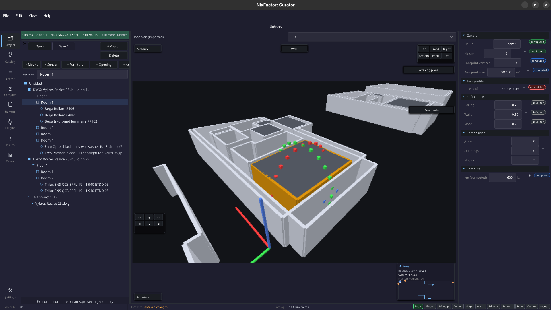 Hlavn&iacute; okno Curatoru &mdash; izometrick&yacute; 3D pohled na importovanou budovu s evaluation point overlay